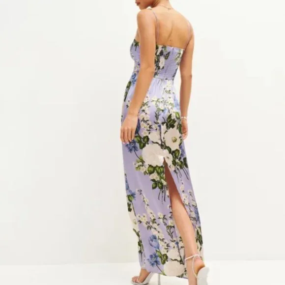 Reformation Frankie Silk Dress in Garden Soiree Purple White Floral Maxi - Picture 5 of 7